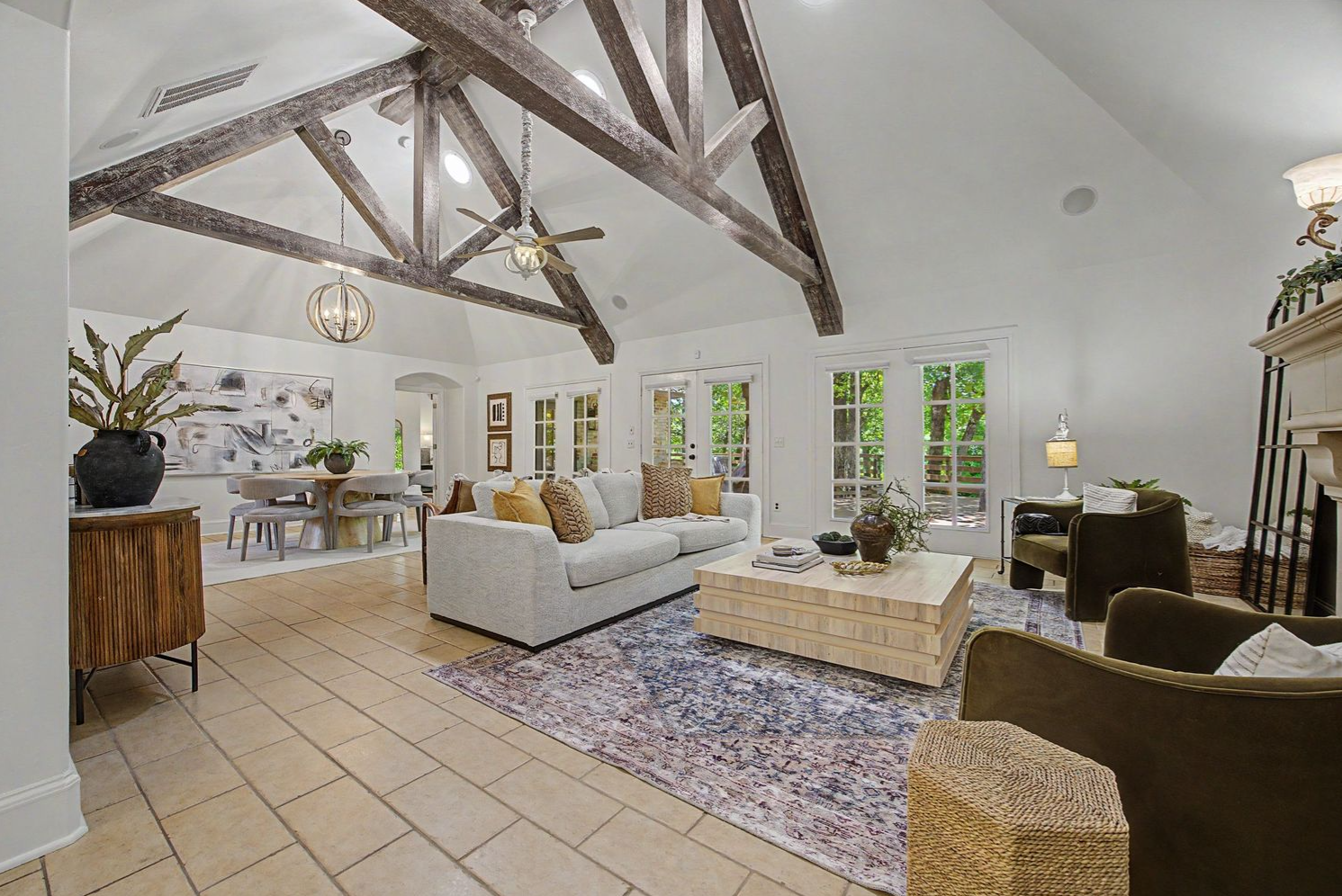 Modern living room with exposed beam ceiling
